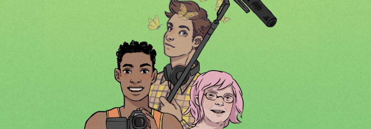 Auf dem Bild sind drei junge Menschen im Comic-Stil mit Kamera und Mikrofon zu sehen. Der Hintergrund ist grün.