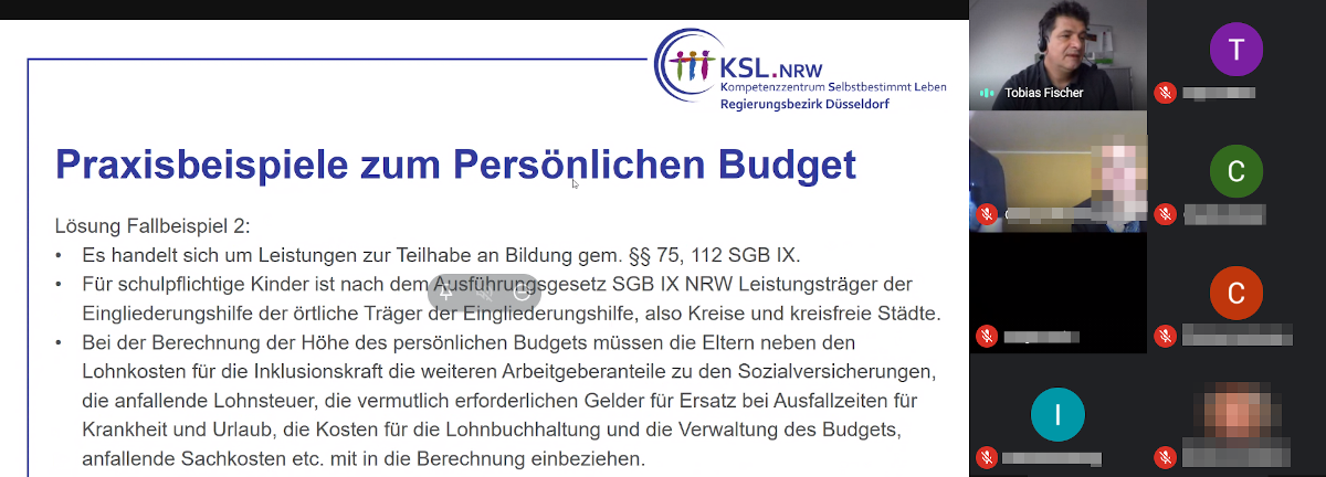 Das Bild zeigt eine PowerPoint-Folie mit der Überschrift "Praxisbeispiele zum Persönlichen Budget". Rechts ist Referent Tobias Fischer vom KSL Düsseldorf zu sehen. 