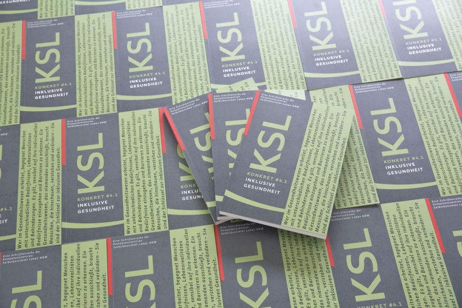 Ein Foto von vielen Broschüren mit grünem Titel auf einem Tisch verteilt