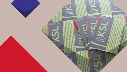 Bunte Kacheln der KSL und ein Foto von mehrern Broschüren mit grauer und grüner Farbe auf dem Titel
