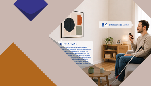 Eine braune Kachel und ein Foto von einem sitzenden man in einem WOhnzimmer mit einem Bild an der Wand. Er spricht in einem Handy und trägt einem Blindenstock. Vor ihm schwebt eine Sprechblase in der Steht: Beschreibe mir das Bild.