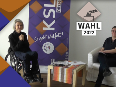 KSL interviewt: Landtagskandidatin Lisa Steinmann; Lisa Steinmann (links) und Susanne Schulte-Mausbeck vom KSL Düsseldorf (rechts); Wahl 2022