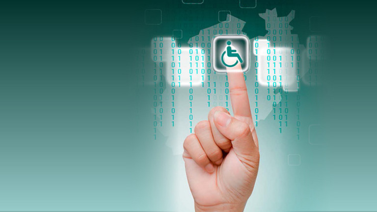 Titelbild, eine Hand tippt auf ein digitales Bild mit einem Rollstuhl-Symbol, im Hintergrund digitale Symbole