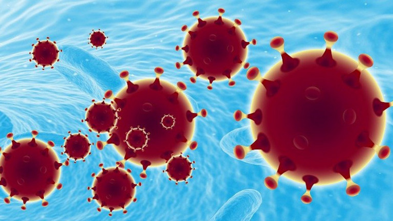 Rot dargestellte Viren auf blauem Hintergrund