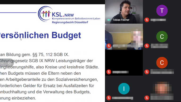 Das Bild zeigt eine PowerPoint-Folie mit der Überschrift "Praxisbeispiele zum Persönlichen Budget". Rechts ist Referent Tobias Fischer vom KSL Düsseldorf zu sehen. 