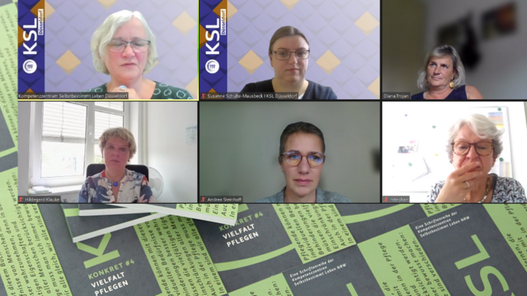 Teilnehmerinnen des Online-Austausches zum Praxishandbuch "Vielfalt Pflegen"; mehrere Ausgaben des Buches
