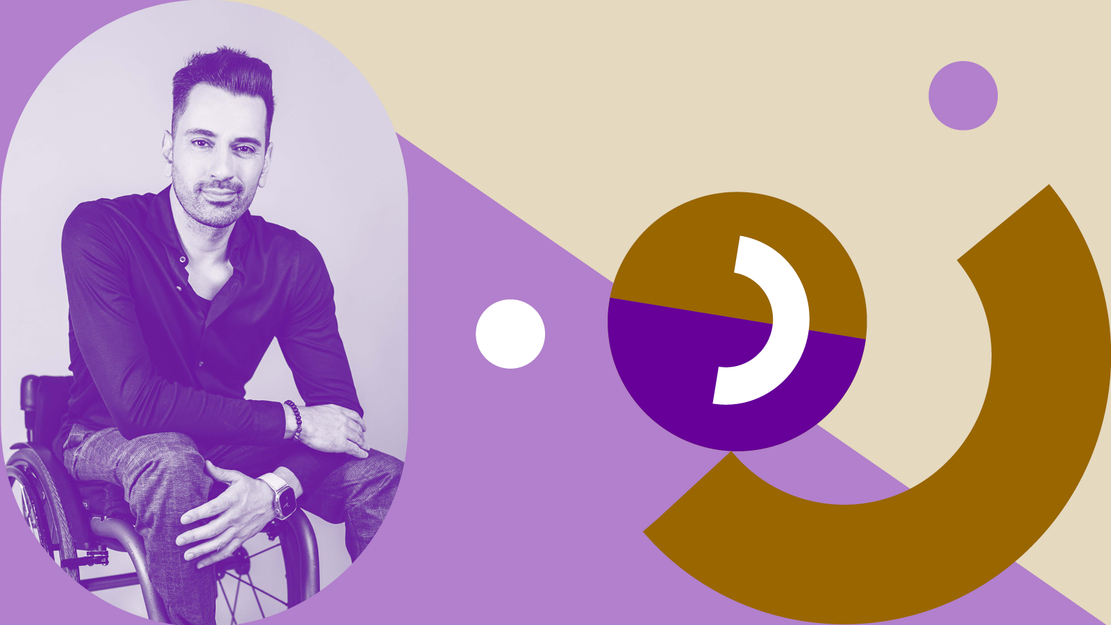 Tan Caglar, junger, dunkelhaariger Mann im Rollstuhl; verschiedene Formen in bunten Farben