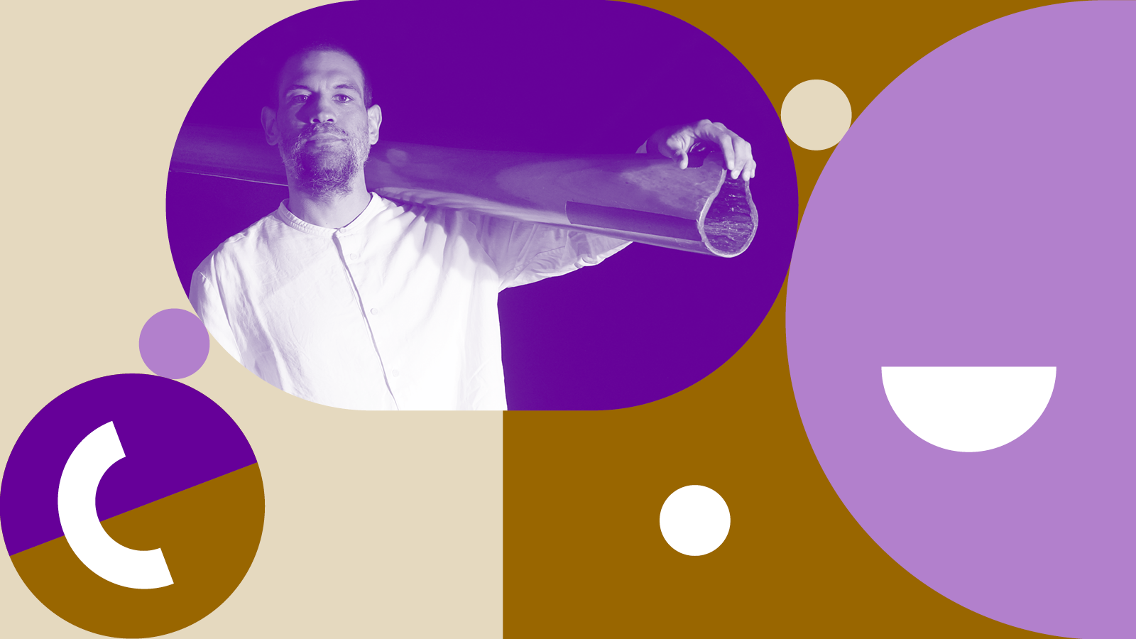 Marvin Dillmann, ein junger Mann mit deinem Didgeridoo auf der Schulter; verschiedene Formen mit bunten Farben