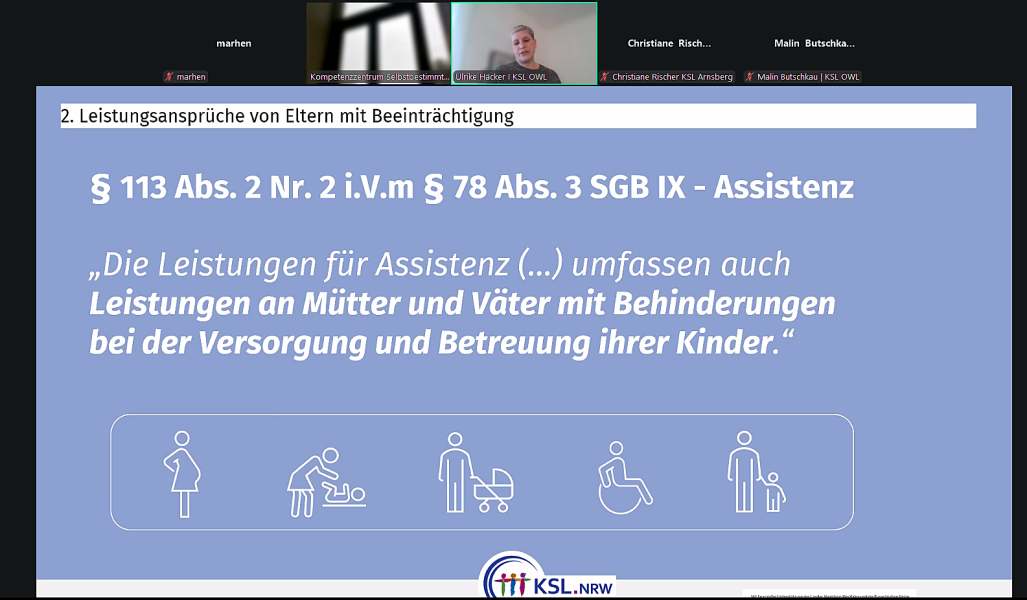 Praesentationsfolie von Ulrike Hecker im Zoom-Call zu Leistungsansprüchen von Eltern mit Beeinträchtigung 