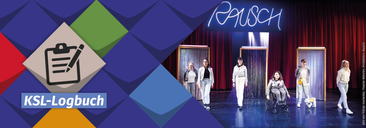 Symbol des KSL-Logbuches vor bunten Kacheln der KSL.NRW und ein Foto von einer inklusiven Theaterafführung