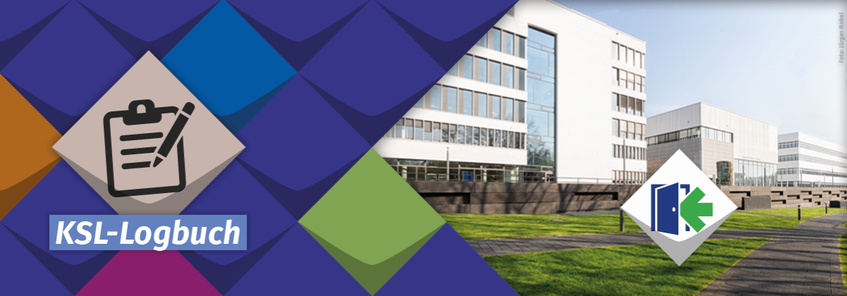 Symbol des KSL-Logbuches vor bunten Kacheln der KSL.NRW und ein Foto von der Hochschule Bochum