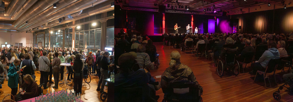 ein voll besetzter Saal auf Zollverein (rechts), Foyer mit zahlreichen Besuchern (links)