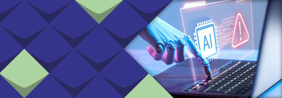 Laptop, Handprothese, AI, Ausrufezeichen