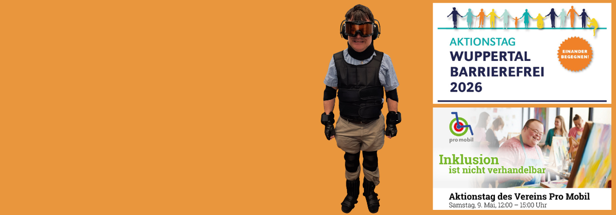 Christian Jurko, Mitarbeiter des KSL.Düsseldorf, trägt den Simulationsanzug. Aktionstag Wuppertal barrierefrei 2026, Inklusion ist  nicht verhandelbar. Aktionstag des Vereins Pro Mobil. Samstag, 9.  Mai, 12 - 15 Uhr