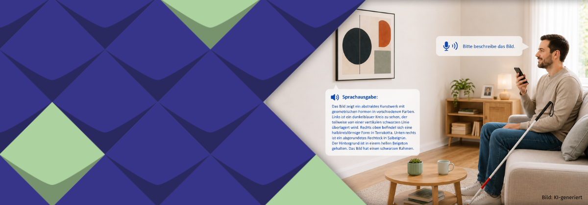 Ein junger Mann mit Blindenstock sitzt auf einem Sofa und schaut in Richtung eines Bildes, das an der Wand hängt. Er spricht in sein Smartphone: "Bitte beschreibe das Bild". Die Sprachausgabe beschreibt das Bild.