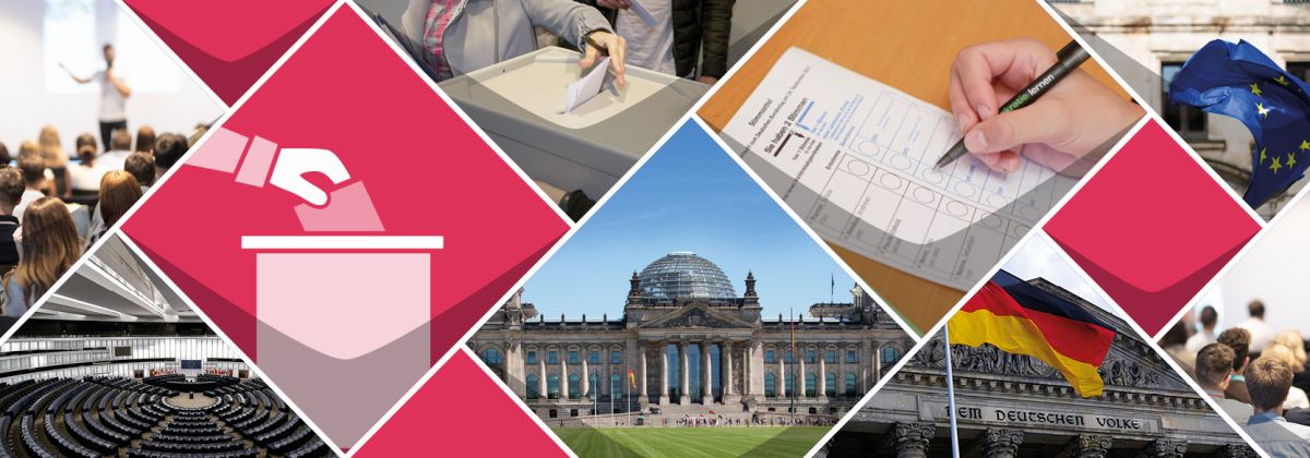 Fotocollage aus Bildern von: Publikum, Gebäude des deutschen Bundestags, Fahne der EU, Wahlzettel, Wahlurne, Plenarsaal der EU und eine Grafik von einem Arm der einen Stimmzettel einwirft 