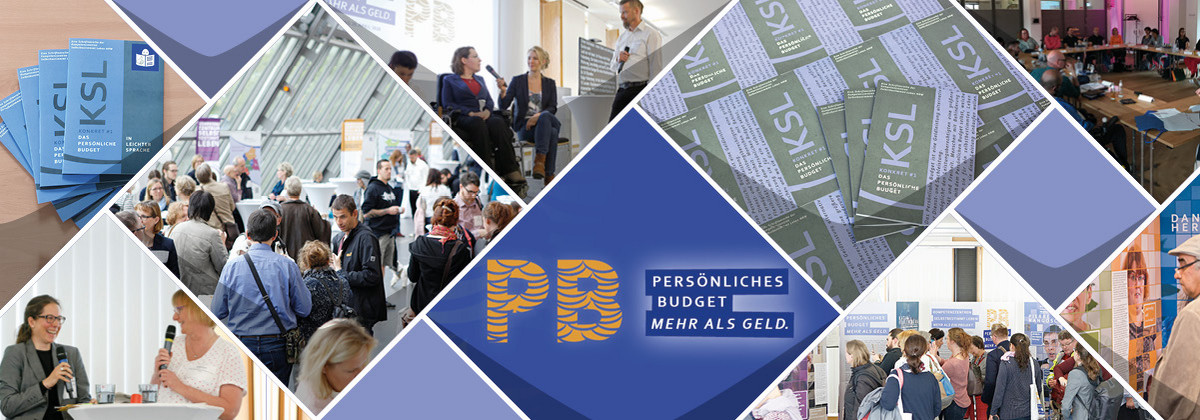 Fotocollage aus Bildern von: Veranstaltung Fachtag PB, Wanderausstellung PB, Sprecher einer Diskussion, Titelseiten der KSL-Konkret #1, Leichte Sprache Version der Broschüre