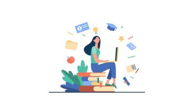 Eine Frau sitzt auf einem Stapel großer Bücher. Sie hat einen Laptop auf dem Schoß. Abstrakte Grafik.