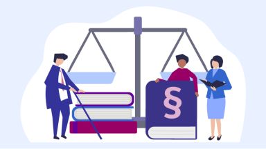 Grafik mit einer Waagschale und juristischen Büchern. Drei Personen stehen davor.