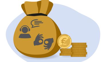 Persönliches Budget für Menschen mit Hörbehinderung. Logos von Gebärdensprachdolmetscher*in und Schriftdolmetscher*in