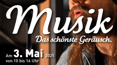 Musik - das schönste Geräusch ist der Titel der Veranstaltung. Hinter dem Titel mit den Bandnamen ist ein singender Mann zu sehen.