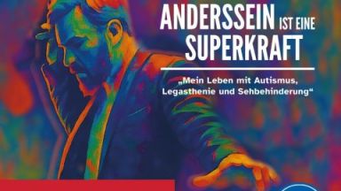 Anderssein ist eine Superkraft - farbintensive Grafik mit einem Portrait des Autors