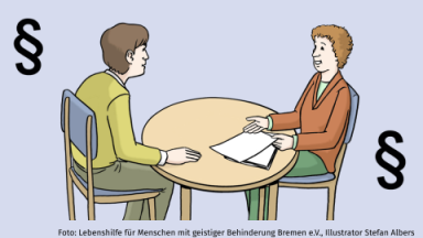 Zwei Personen sitzen an einem Tisch und unterhalten sich.