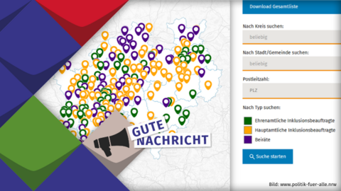 Screenshot der NRW-Karte mit möglichen Filteroptionen wie "nach Kreis", "nach Stadt/Gemeinde", "nach Postleitzahl"