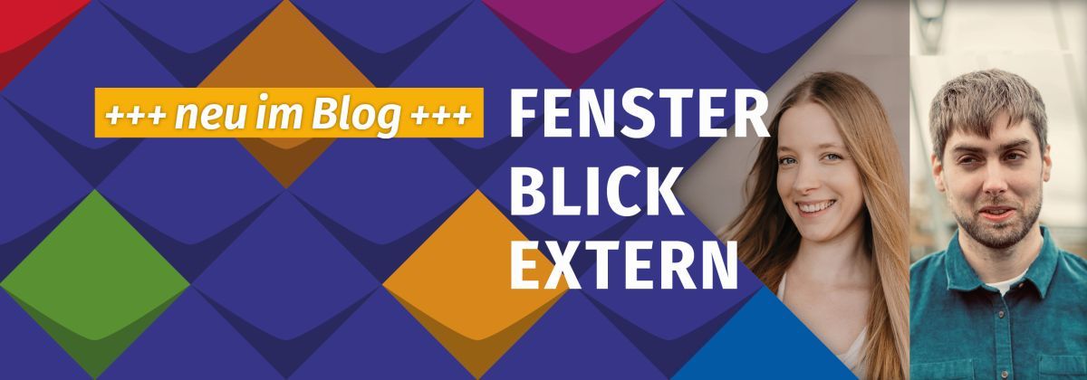 Stilelemente der KSL.NRW mit Fotos von Cindy Kling, eine junge lächelnde Frau mit langem Haar und David Knors, ein junger Mann mit dunkelblondem Haar, Dreitage-Bart und grünem Pullover.