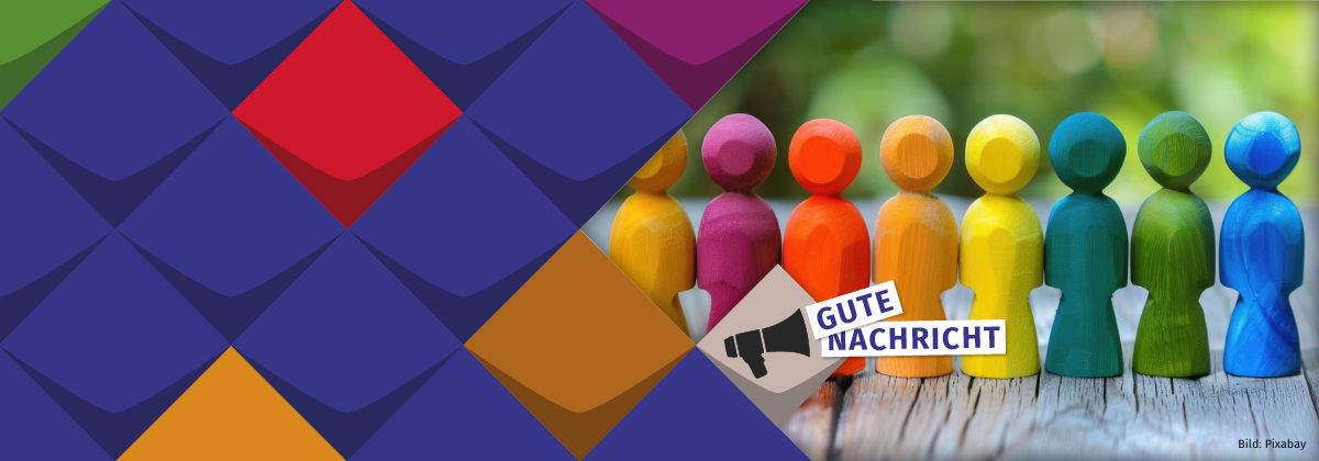 Blau-bunte Kacheln, bunte Männchen, Gute Nachricht