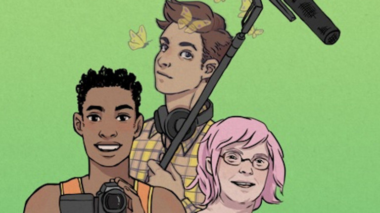 Auf dem Bild sind drei junge Menschen im Comic-Stil mit Kamera und Mikrofon zu sehen. Der Hintergrund ist grün.