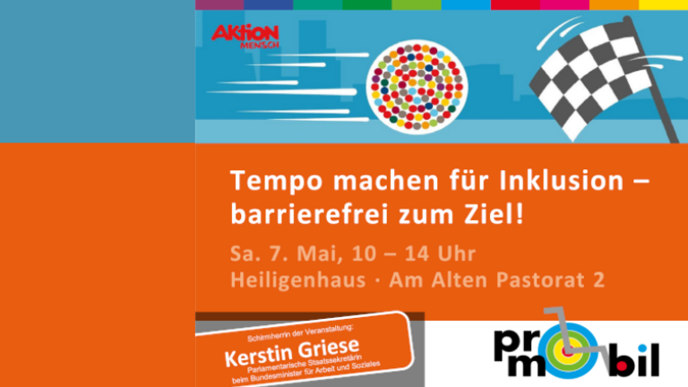 Blau-orangene Grafik mit dem Schriftzug: Tempo machen für Inklusion - barrierefrei zum Ziel! Sa, 7. Mai, 10 - 14 Uhr, Heiligenhaus, Am Alten Pastorat 2; Schirmherrin der Veranstaltung: Kerstin Griese, Parlamentarische Staatssekretärin beim Bundesminister für Arbeit und Soziales