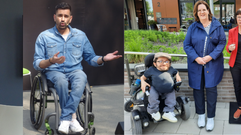 von links nach rechts: Roll-Up des KSL Düsseldorf, Comedian und Schauspieler Tan Caglar, Aktivist Raul Krauthausen, Kerstin Griese, Parlamentarische Staatssekretärin beim Bundesminister für Arbeit und Soziales, Margit Benemann, Geschäftsführerin von Pro Mobil e.V., Aktivist Constantin Grosch