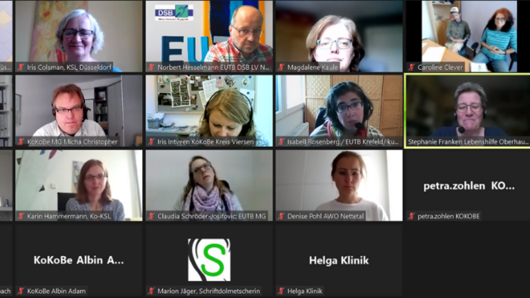 Videokonferenz des Praxisdialoges zum Persönlichen Budget für die Städte Krefeld, Mönchengladbach und den Kreis Viersen mit 22 Teilnehmer*innen