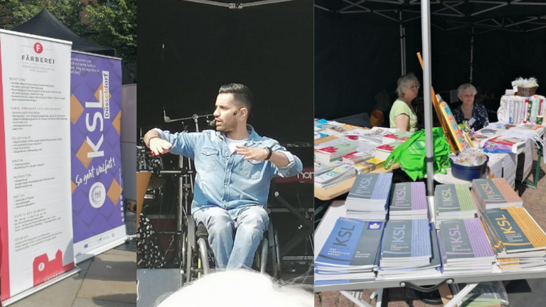 von links nach rechts: Roll-Ups der Färberei Wuppertal und des KSL Düsseldorf, Comedian und Schauspieler Tan Caglar auf einer Bühne, verschiedene Ausgabe der Broschüren KSL Konkret auf einem Tisch 