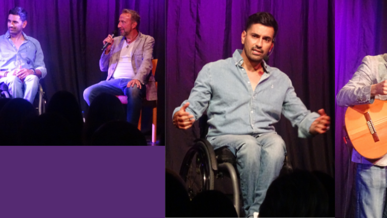 von links nach rechts: Moderatorin Annette Hager im Gespräch mit Tan Caglar und Helmut Sanftenschneider; Tan Caglar und Helmut Sanftenschneider mit Gitarre 