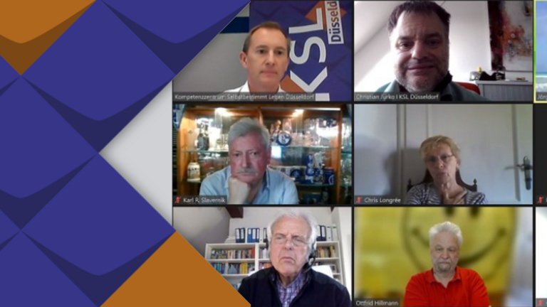 Neun Teilnehmer*innen des Austauschforum für Behindertenbeiräte per Zoom. Links oben: Jörg Rodeike, Referent für Politische Partizipation beim KSL Düsseldorf