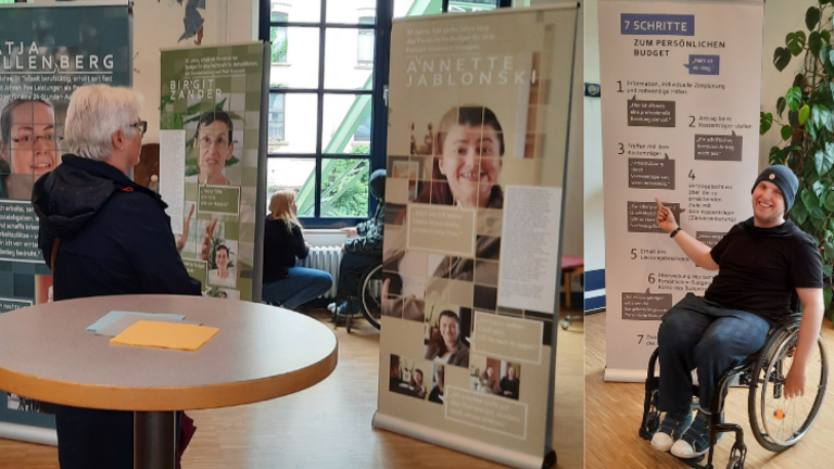 Fünf Elemente der Ausstellung zum Persönlichen Budget; rechts: Adrian Dworak, Praktikant beim KSL.Düsseldorf