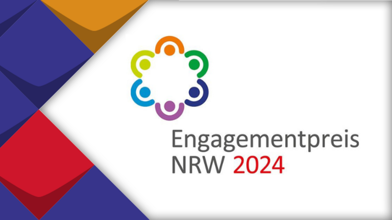 Links sind die bunten Kacheln der KSL, rechts ist das Logo vom Engagementpreis NRW zu sehen.
