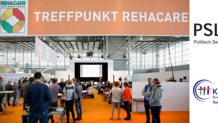 Treffpunkt Rehacare, Logo PSL NRW e.V., Portraitbild Emanuel Stadler, Vorstandsmitglied PSL NRW e.V.; Logo KSL.Düsseldorf, Portraitbild Jörg Rodeike, Projektleiter KSL.Düsseldorf