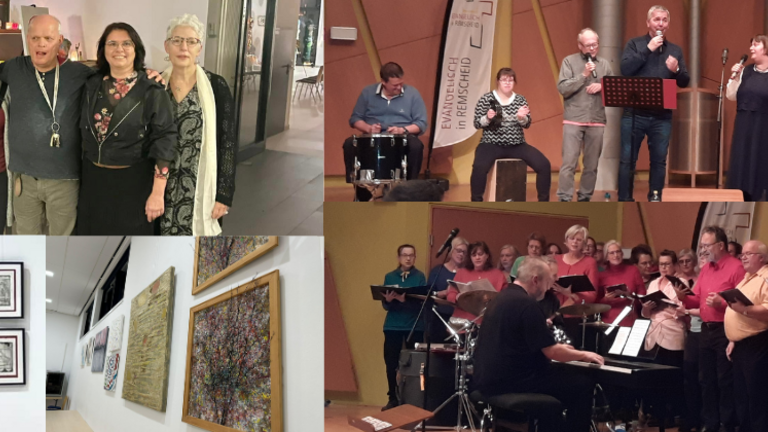 oben links: Die Künstlergruppe KulturBunt Remscheid gemeinsam mit dem Langenfelder Künstler Gerd Jaklic (mit Begleitung von Ela Schneider) unten links: Bilder von KulturBunt und Gerd Jaklic  oben rechts: Die Lennys, die inklusive Band der Lebenshilfe Remscheid, gemeinsam mit King Eddy unten rechts: Mixed Generations, der größte Pop- und Gospelchor Remscheids