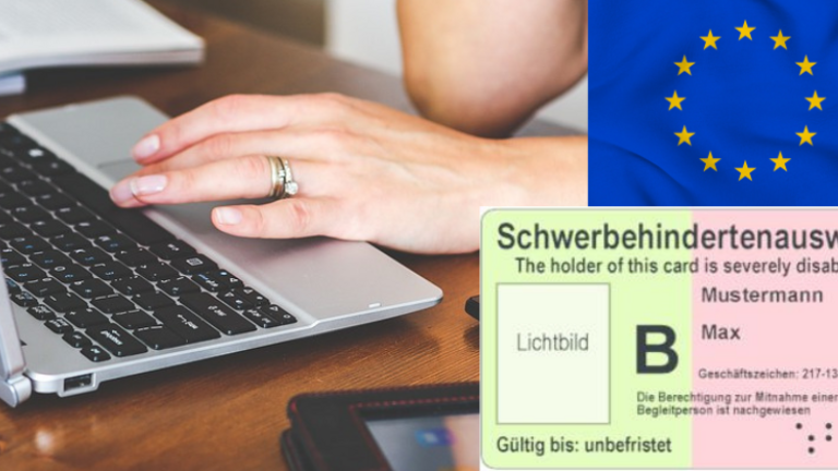 EU-Flagge, Schwerbehindertenausweis, Laptop