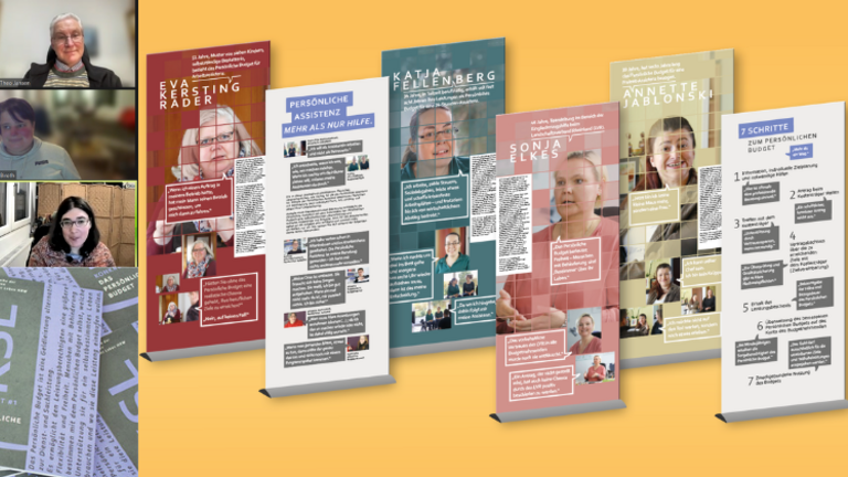 Teilnehmer*innen des Online-Stammtisches, Broschüre KSL Konkret #1 zum Persönlichen Budget, Elemente der Wanderausstellung zum Persönlichen Budget