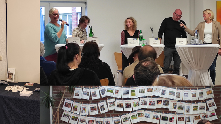 lakatwand; Iris Colsman (links) vom KSL.Düsseldorf mit vier weiteren Akteuren im Paritätischen Zentrum Mönchengladbach