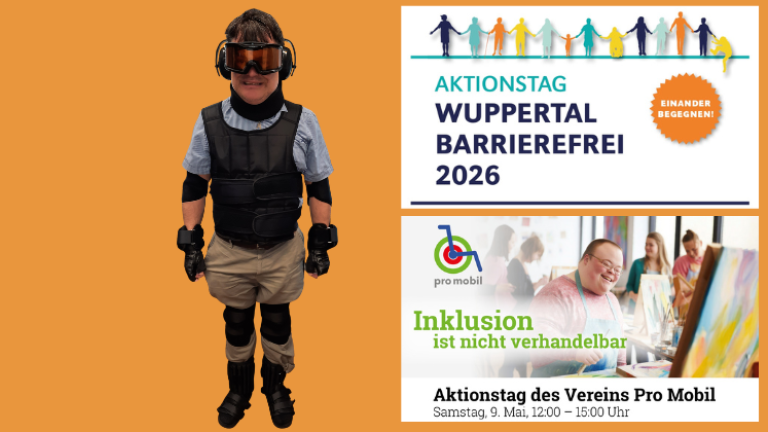 Christian Jurko, Mitarbeiter des KSL.Düsseldorf, trägt den Simulationsanzug. Aktionstag Wuppertal barrierefrei 2026, Inklusion ist  nicht verhandelbar. Aktionstag des Vereins Pro Mobil. Samstag, 9.  Mai, 12 - 15 Uhr
