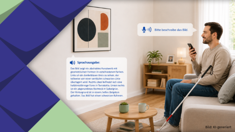 Ein junger Mann mit Blindenstock sitzt auf einem Sofa und schaut in Richtung eines Bildes, das an der Wand hängt. Er spricht in sein Smartphone: "Bitte beschreibe das Bild". Die Sprachausgabe beschreibt das Bild.
