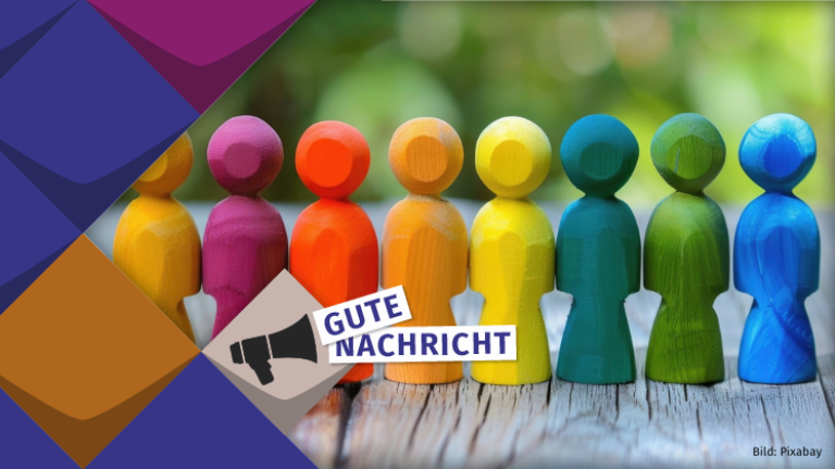 Blau-bunte Kacheln, bunte Männchen, Gute Nachricht