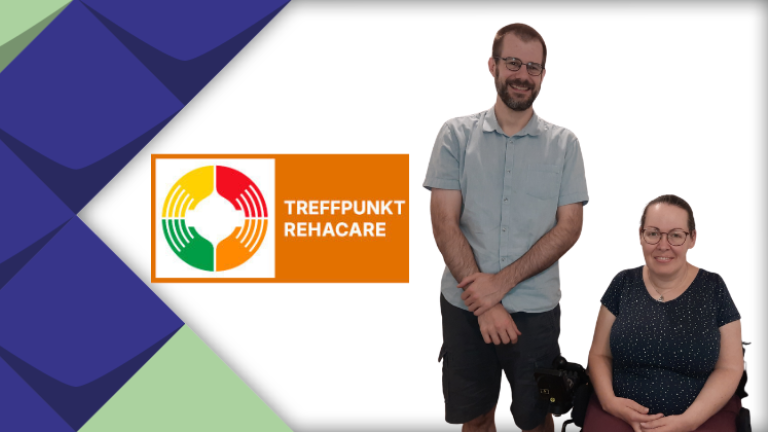 Logo Treffpunkt Rehacare; Gero Büskens und Katja Fellenberg vom KSL.Düsseldorf